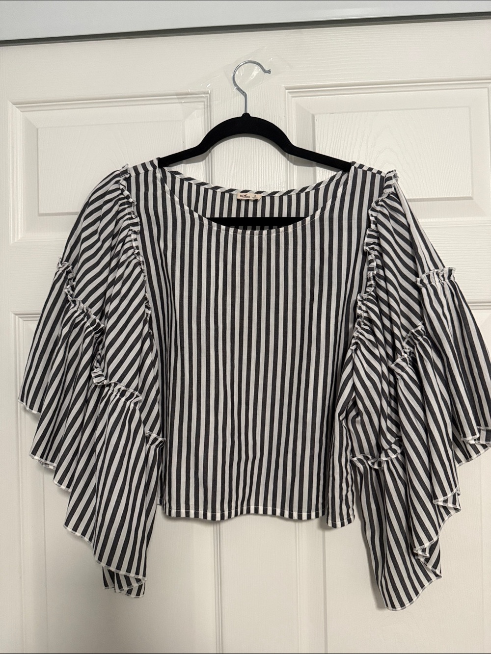 Hollister Black and White Vertical Stripe Ruffle Sleeve Top